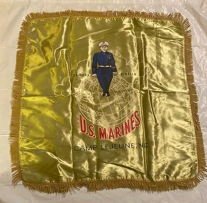 US MARINES Souvenir Satin PILLOW COVER  w Fringe SEMPER FIDELIS Camp LEJEUNE, NC - Picture 1 of 4