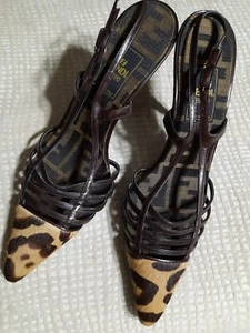 Fendi Scarpe Pony Hair Leather Brown Slingback Pumps Pointy Toe Heels 7.5 Italy - Picture 1 of 5