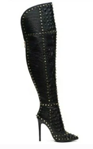 IAMJENNIFER LE 2BD X CAIMAN ll HYBRID Thigh High Studded Stilletto Heels Boots - Picture 1 of 12
