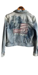 Y2K Retro Polo Ralph Lauren VTG Trucker Button Jean Jacket American Flag Patch L - Picture 1 of 8