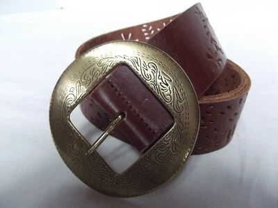 vtg leather belt laser cutout design floral round circle brass 4in buckle M NEW  - Image 1 of 4