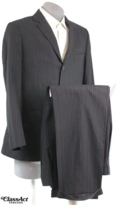J Ferrar Modern Fit 2 Piece Suit Black Striped Polyester Blend 3 Btn 40R 34" W - Image 1 of 4
