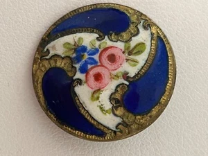 Antique French Blue Enamel Double Pink Flower Button Mid 1800s - Picture 1 of 8