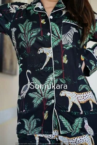 Juego de pijama bohemio de algodón negro estampado animal indio - Imagen 1 de 5