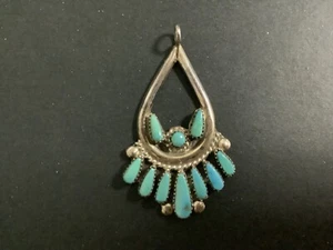 Vintage Native Zuni sleeping beauty turquoise pendant,petit point,sterling,1.75” - Picture 1 of 14