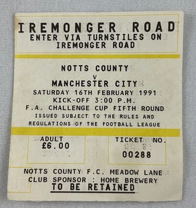 EFB 1991 02/16 Notts County v Manchester City Football (Soccer) Ticket - Picture 1 of 2