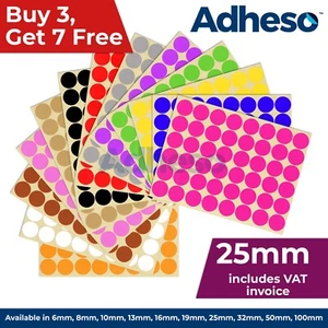 Adheso 25mm Coloured Dot Stickers Round Sticky Dots Adhesive Circles Labels - Picture 1 of 17