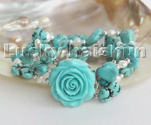 8" 3row Natural Baroque White Pearl Blue Turquoise Bracelet Turquoise Clasp C147 - Picture 1 of 2