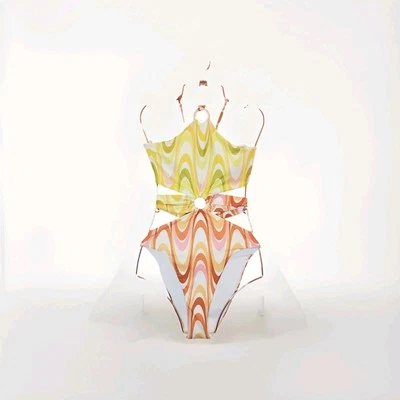 Halter cuello alto Becca Whirlpool Margot talla pequeña estampado retro cítrico Foto 1 de 4