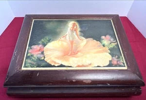 Vintage Wooden Jewelry Music Box w/ Fairy Art – Velvet Lined, Wind-Up Works - Picture 1 of 5
