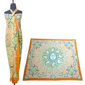 Hermes Sun motif Cotton 100% Paleo Scarf shawl Orange Green Cleaned - Picture 1 of 18