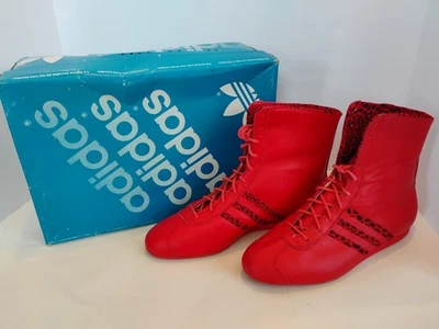 Vtg Adidas Dual Hi Red/Acid Wash Leather Boxing Boots With Cheetah Print,Men 10M - Image 1 of 4