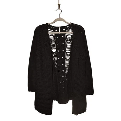 Cardigã suéter FREE PEOPLE US$ 128 preto malha aberta costas desfiadas boho grunge XS - Imagem 1 de 3