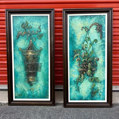 Vintage Mid Century Framed Impasto Oil Painting Blue Hanging Plant Lantern Set 2 - Image 1 of 4