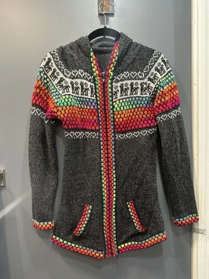 Peruvian Llama Wool Zip Up Hoodie Size Small  Color Gray And Rainbow - Image 1 of 2
