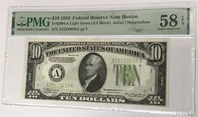1934 $10 Federal Reserve Note Boston PMG 58 Choice AU EPQ Fr#2004-A Light Green - Image 1 of 2