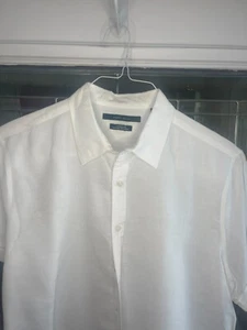 Perry Ellis Button Up Shirt Mens L Large White Linen Blend Short Sleeve Collared - Picture 1 of 4