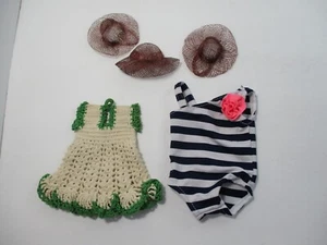 Vintage Doll Dress Swimsuit & Hats Crochet Striped Green Beige Striped Toy Play - Picture 1 of 11