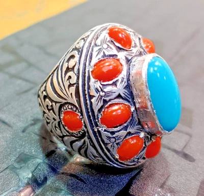 Anillo Turquesa Coral Rojo Natural Plata de Ley 925 Anillo Para Hombre Coral Italiano. Foto 1 de 4
