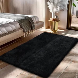 Black Fluffy Shag Rug 2x4 Soft Bedroom Bedside Area Carpet Decor - Picture 1 of 6