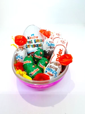 Ferrero KINDER Chocolate GIFT Easter Basket 1ct. PINK bottom -FREE SHIPPING - Image 1 of 2