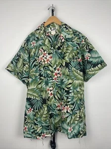 Vintage Hilo Hattie Tropical Leaves Hawaiian Short Sleeve Button Down Shirt Sz L - Picture 1 of 6