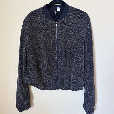 H &M Divided women’s Black Sparkle Houndstooth Track Zip Jacket 12 Retro Disco - Image 1 of 3