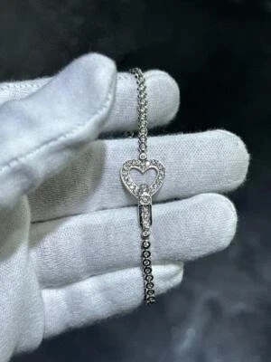 14k Oro Bianco & Naturale Diamanti Forma Cuore Halo Lunetta Tennis Bracciale 7 " - Immagine 1 di 4