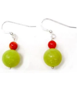 Lime-green natural stone and coral bead sterling silver earrings. EAR990004 - Picture 1 of 1