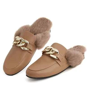 TINSTREE Womens Faux Fur Brown Mules Backless Flat Loafers Size 6 Slip On NEW - Picture 1 of 11