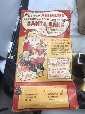 Винтажный 1960 Trim-A-Tree анимированный Санта банк аккумулятор и монеты с коробкой - Изображение 1 из 4