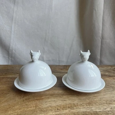 Cow Bust White Porcelain Butter Bell Dish - Set Of Two - Image 1 of 3