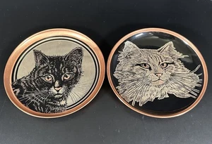 Vintage CAT LOVERS Copper Plate Lot of 2 Wall Art Decor Black Cat Fluffy Cat - Foto 1 di 8