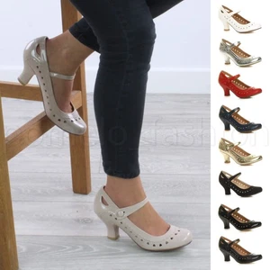 ZAPATOS DE SALÓN MUJER SEÑORA TACÓN MEDIO MARY JANE CORAZÓN RECORTADO AÑOS 50 60 TALLA - Imagen 1 de 21