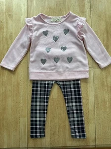Toddler Girls Size 4T Blue + Pink Legging/Sweater Set, Plaid Pants, Sequin Heart - Picture 1 of 9