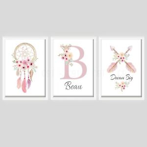 Girls Boho Dreamcatcher Personalised PRINTS ONLY A4 Nursery Room Rustic Pink