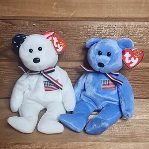 Ty Beanie Baby AMERICA White & Blue USA Olympic W/ Tags Lot Of 2 - Picture 1 of 4