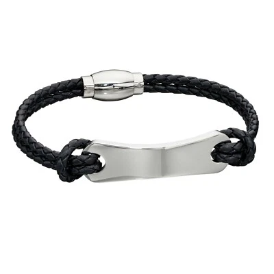 Woven Black Leather & Stainless Steel ID Bar Bracelet (B5277) FREE ENGRAVING - Image 1 of 4