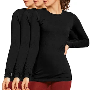 3 Pack Women’s T-Shirts Cotton Long Sleeve Solid Classic Fit Crew Neck Basic Tee - Picture 1 of 19