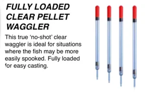 Flotador Waggler de pellets transparentes cristalinos Premier completamente cargado. No se necesitan pesos de tiro. - Imagen 1 de 1