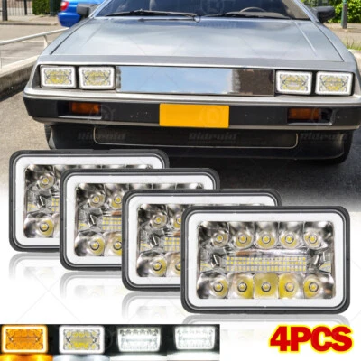 4pcs 4x6" LED Headlights with Halo DRL/Turn Lights For DeLorean DMC 12 1981-1983 - Image 1 of 4