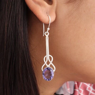 Iolite Gemstone 925 Sterling Silver Jewelry Handmade Drop/Dangle Earrings 1.76" - Image 1 of 4