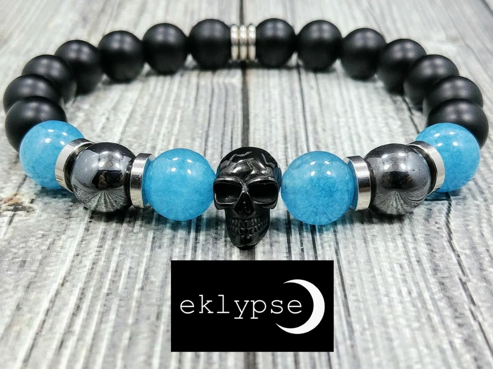 Pulseira de contas 8"L CAVEIRA DE AÇO INOXIDÁVEL PRETO 10mm ônix + hematita + pedra preciosa de jade - Imagem 1 de 4