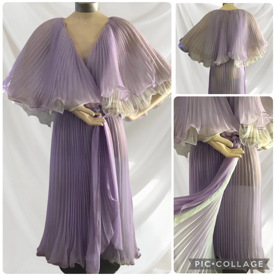 Vintage 60s Double Layer Chiffon Accordion Sheet Pleated V-Neck Cape Party Dress - Image 1 of 4