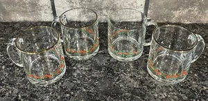 4 Vintage Libbey Holly Berries Ribbon Coffee/Cocoa/Tea Mugs Gold Trim (LRS3) - Picture 1 of 7
