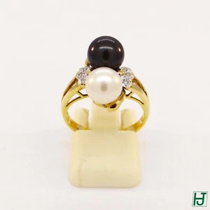 New 7.25mm Black & White Cultured Pearl Ring with Diamonds in 14k Yellow Gold - Picture 1 of 4