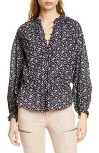 Joie Blouse Senaya Navy Floral Long Puff Sleeve Button Up Cotton Peasant Size M - Picture 1 of 12