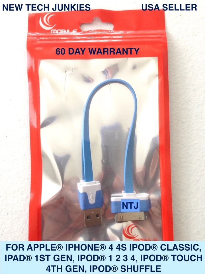 NTJ SHORT 8" Flat Noodle data sync Charger charge Cable for iPhone 4 iPod Nano 6 - Image 1 of 4