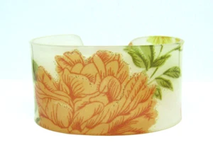 ARMBAND VINTAGE 1960er BLUMEN LUCITE MANSCHETTENARMBAND 7 1/4" ORANGE GRÜN CREME - Bild 1 von 12