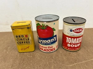 Vintage Coin Bank Lot RED CIRCLE COFFEE TIN Furman Tomato Soup Can advertising - Picture 1 of 7